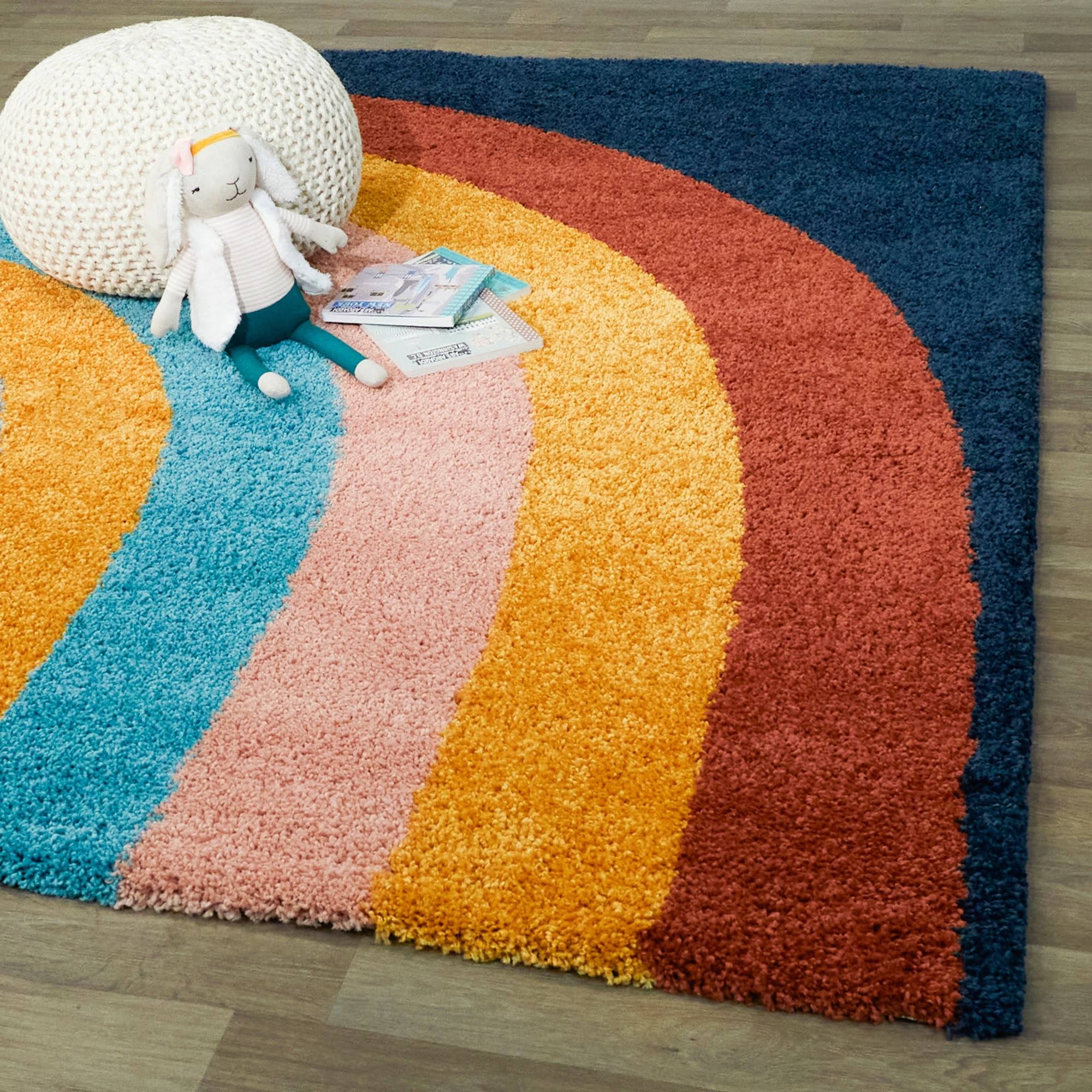 Amelia Rainbow Print Shag Kids Area Rug - 5&3x22 Round - White