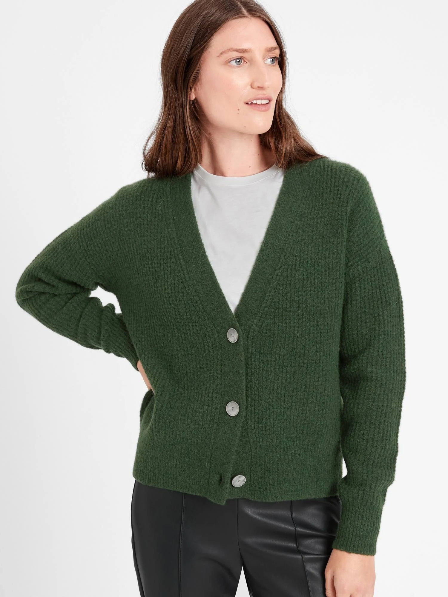 Banana Republic Women's Aire Waffle-Knit Cardigan Sweater Enchanted Forest Green Size Xs