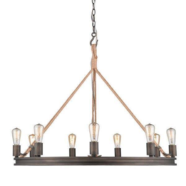 Longfellow 9 - Light Candle Style Wagon Wheel Chandelier with Rope Accents Finish: Gray Driftwood