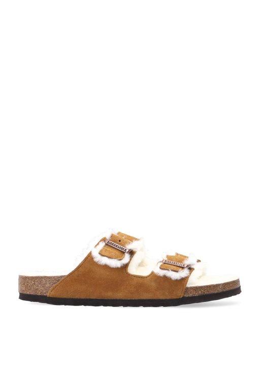 Birkenstock Arizona Suede Leather Mink Shearling Two-Strap Sandals