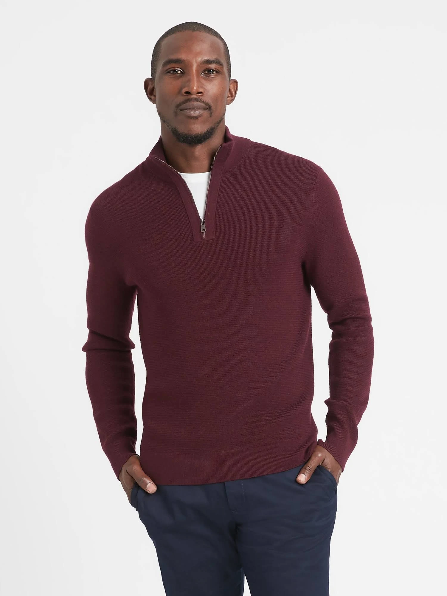 Banana Republic Men's Merino Waffle-Knit Half-Zip Sweater Novel Burgundy Size S