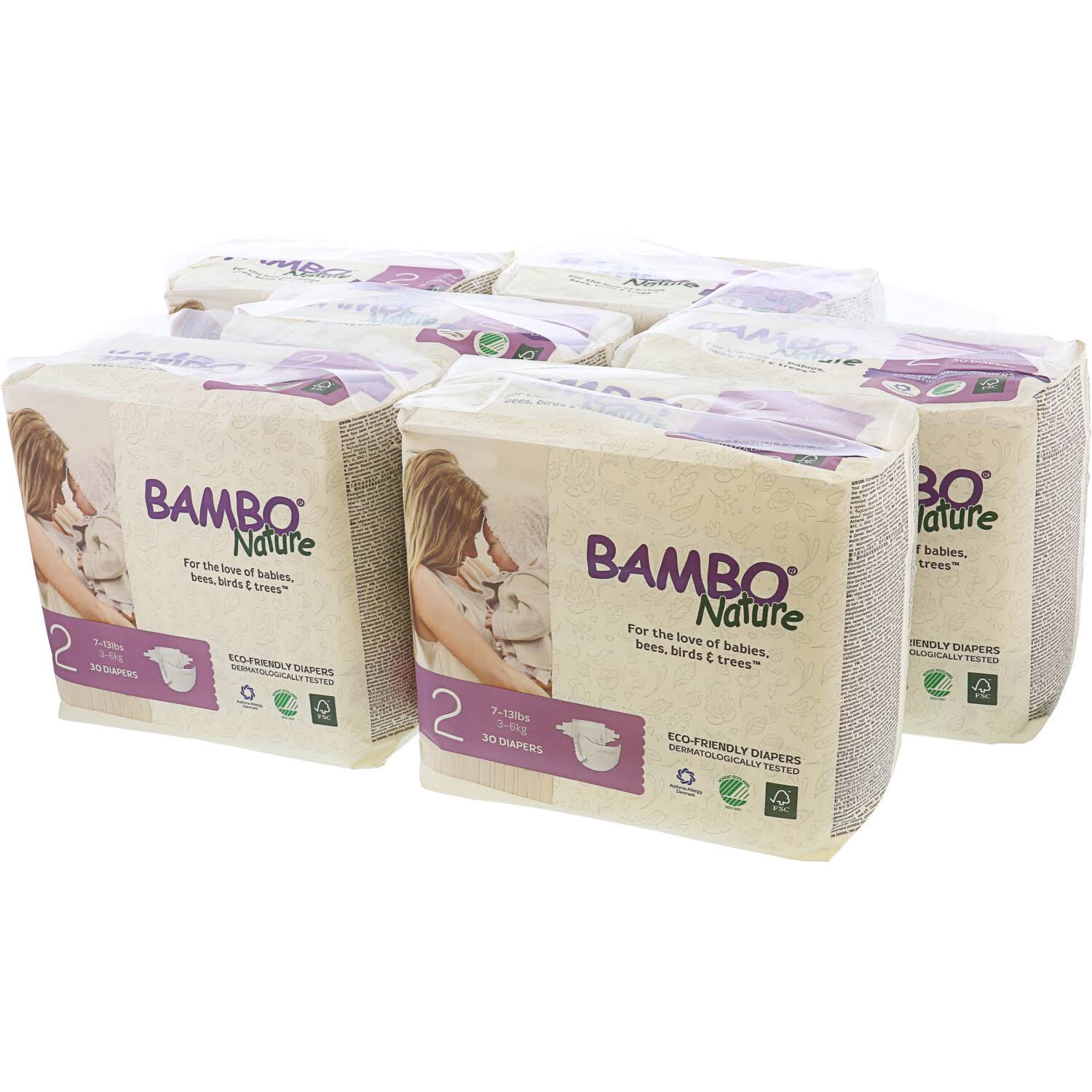 Bambo Nature Premium Baby Diapers, Size 2, 180 Count (6 Packs of 30), White