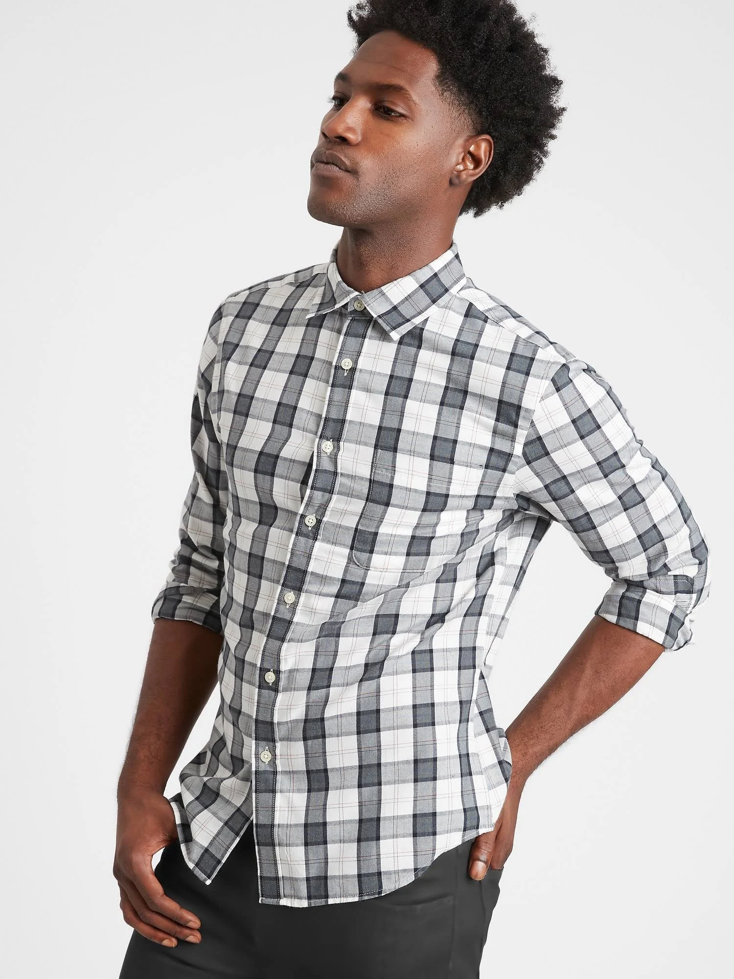 Men's Slim-Fit Untucked Flannel Shirt White/Grey Heather Plaid