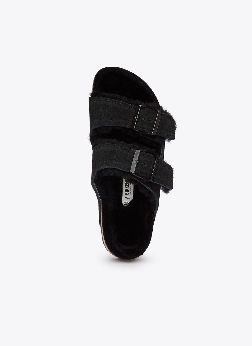 BIRKENSTOCK Arizona Suede Leather Black Shearling Two-Strap Sandals
