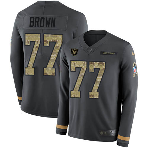 Las Vegas Raiders #77 Trent Brown Anthracite Salute to Service Men's Stitched Limited Therma Long Sleeve Jersey Men's