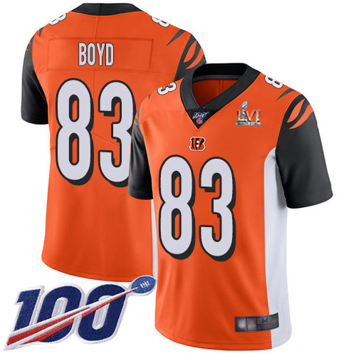 Bengals #83 Tyler Boyd Orange Super Bowl LVI Patch Alternate Youth Stitched 100th Season Vapor Limited Jersey