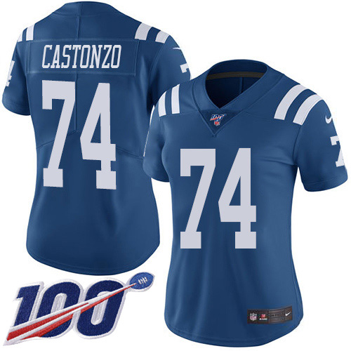 Indianapolis Colts #74 Anthony Castonzo Royal Blue Women's Stitched Limited Rush 100th Season Jersey Womens