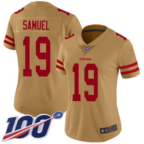 49ers #19 Deebo Samuel Gold Women's Stitched Limited Inverted Legend 100th Season Jersey