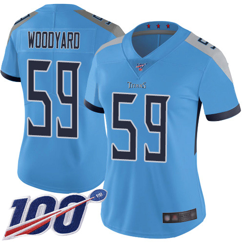 Tennessee Titans #59 Wesley Woodyard Light Blue Alternate Women's Stitched 100th Season Vapor Limited Jersey Womens