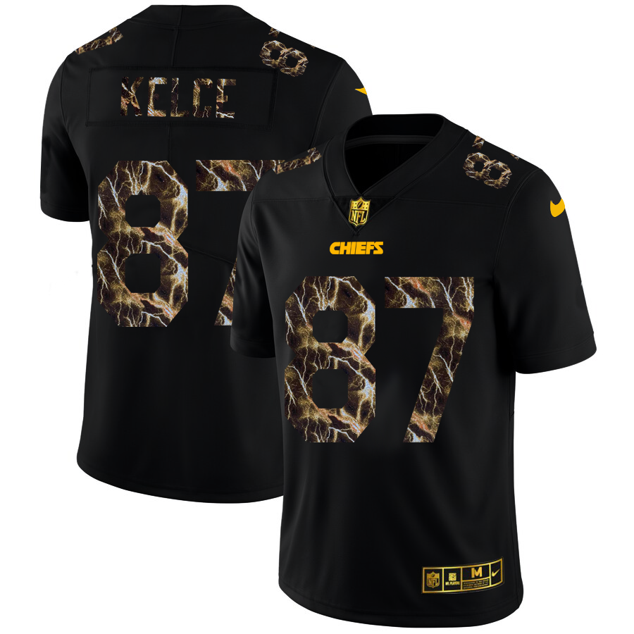Kansas City Chiefs #87 Travis Kelce Men's Black Flocked Lightning Vapor Limited Jersey