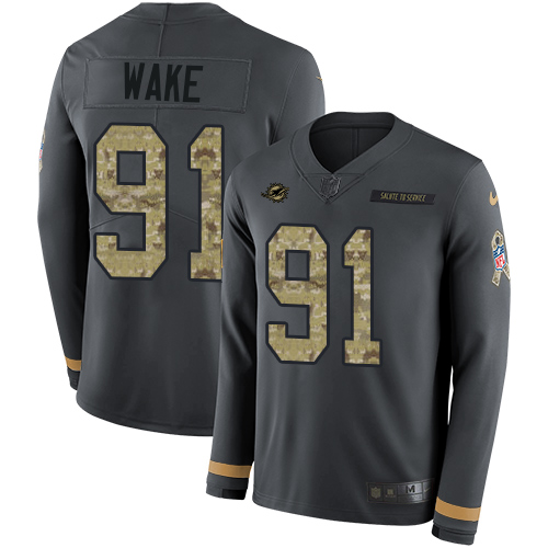 Miami Dolphins #91 Cameron Wake Anthracite Salute to Service Men's Stitched Limited Therma Long Sleeve Jersey Men's