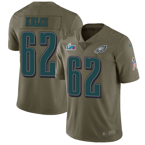 Eagles #62 Jason Kelce Olive Super Bowl LVII Patch Men's Stitched Limited 2017 Salute To Service Jersey