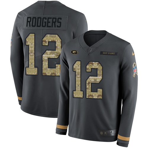 Packers #12 Aaron Rodgers Anthracite Salute To Service Men's Stitched Limited Therma Long Sleeve Jersey