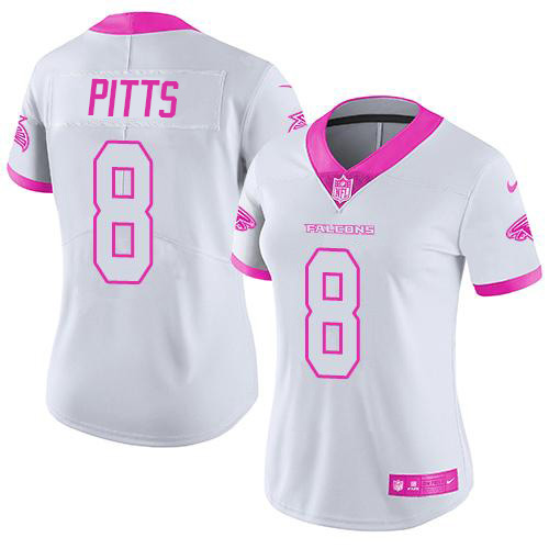 Falcons #8 Kyle Pitts White/Pink Women's Stitched Limited Rush Fashion Jersey