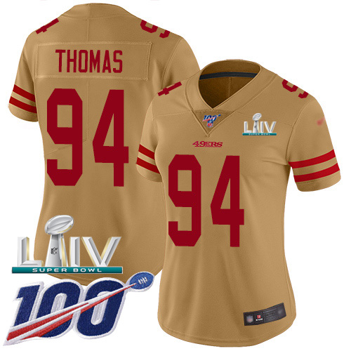 San Francisco 49ers #94 Solomon Thomas Gold Super Bowl LIV 2020 Women's Stitched Limited Inverted Legend 100th Season Jersey Womens