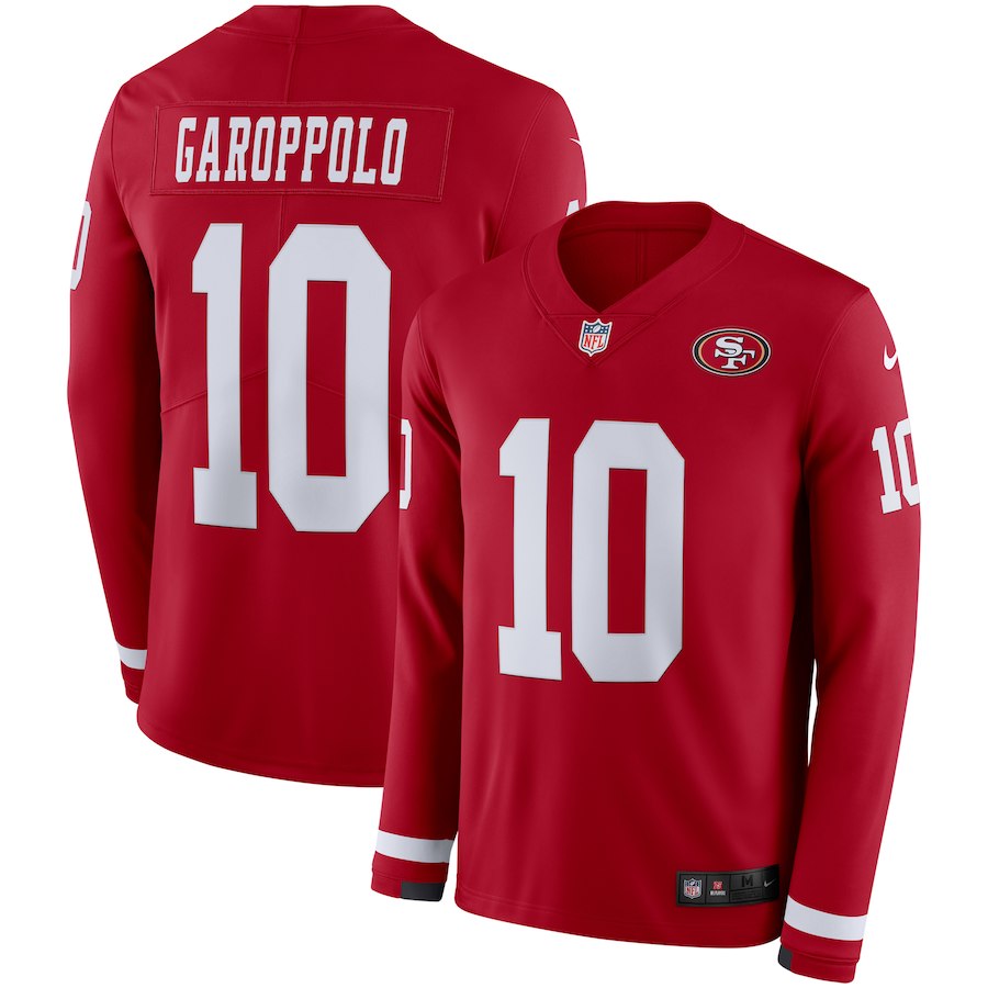 Men's 49ers #10 Jimmy Garoppolo Red Team Color Men's Stitched Limited Therma Long Sleeve Jersey