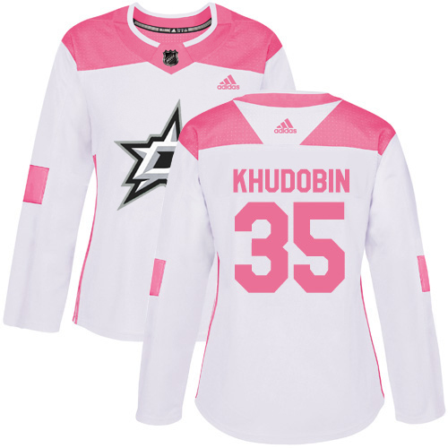 Adidas Dallas Stars #35 Anton Khudobin White/Pink Authentic Fashion Women's Stitched Jersey Womens