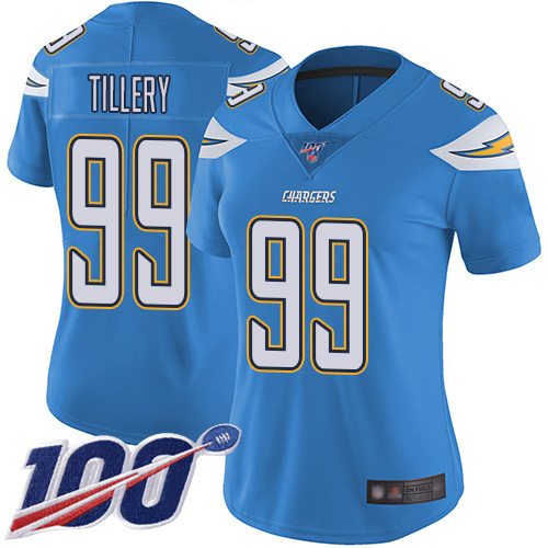 Los Angeles Chargers #99 Jerry Tillery Electric Blue Alternate Women's Stitched 100th Season Vapor Limited Jersey Womens