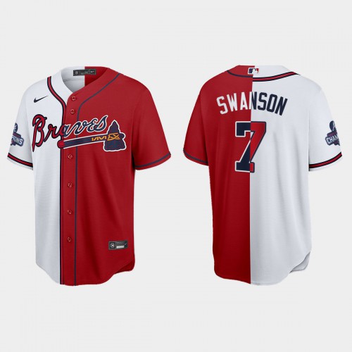 Atlanta Atlanta Braves #7 Dansby Swanson Men's 2021 World Series Champions Split Red White Stitched Jersey Men's