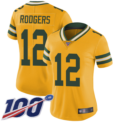 Packers #12 Aaron Rodgers Yellow Women's Stitched Limited Rush 100th Season Jersey