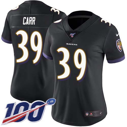 Baltimore Ravens #39 Brandon Carr Black Alternate Women's Stitched 100th Season Vapor Untouchable Limited Jersey Womens