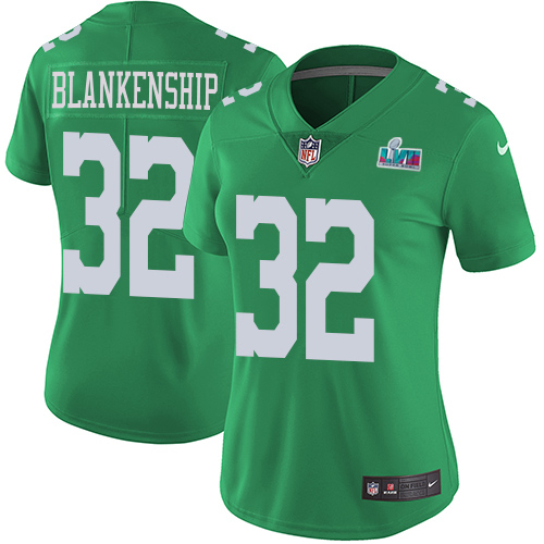 Eagles #32 Reed Blankenship Green Super Bowl LVII Patch Women's Stitched Limited Rush Jersey