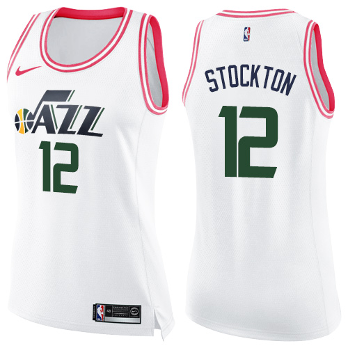 Utah Jazz #12 John Stockton White/Pink Womens Swingman Fashion Jersey Womens