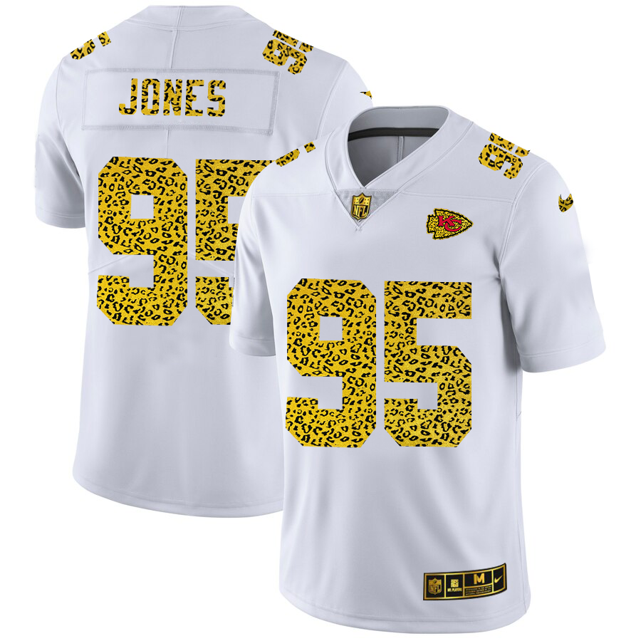 Kansas City Chiefs #95 Chris Jones Men's Flocked Leopard Print Vapor Limited Jersey White