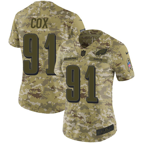 Philadelphia Eagles #91 Fletcher Cox Camo Women's Stitched Limited 2018 Salute to Service Jersey Womens
