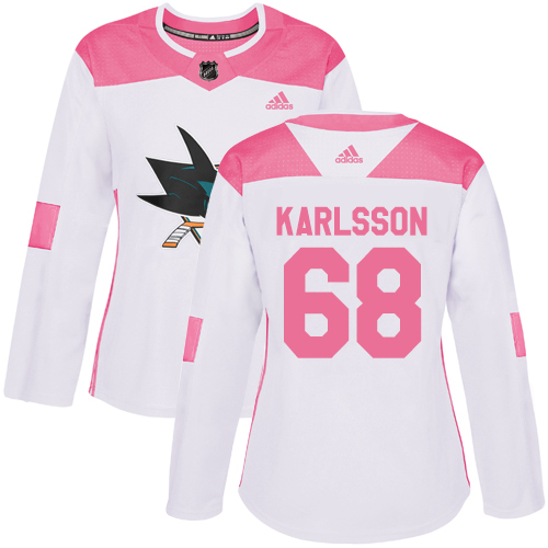 Adidas San Jose Sharks #68 Melker Karlsson White/Pink Authentic Fashion Women's Stitched Jersey Womens