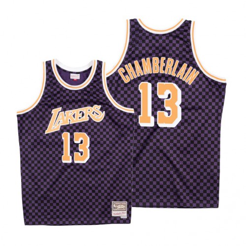 Mitchell & Ness Los Angeles Lakers #13 Wilt Chamberlain Purple Checkerboard HWC Throwback Jersey Mens