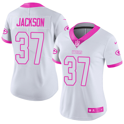 Green Bay Packers #37 Josh Jackson White/Pink Women's Stitched Limited Rush Fashion Jersey Womens