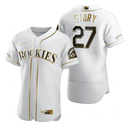 Colorado Colorado Rockies #27 Trevor Story White Men's Authentic Golden Edition Jersey Men's
