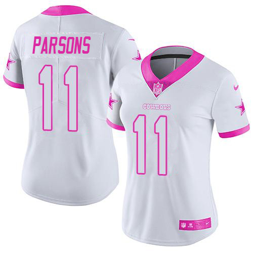 Cowboys #11 Micah Parsons White/Pink Women's Stitched Limited Rush Fashion Jersey