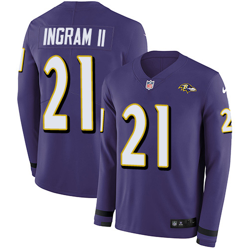 Baltimore Ravens #21 Mark Ingram II Purple Team Color Men's Stitched Limited Therma Long Sleeve Jersey Men's