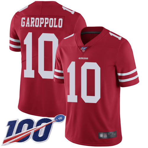 49ers #10 Jimmy Garoppolo Red Team Color Youth Stitched 100th Season Vapor Limited Jersey