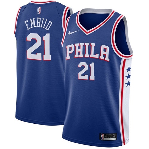 Philadelphia 76ers #21 Joel Embiid Blue Womens Swingman Icon Edition Jersey Womens