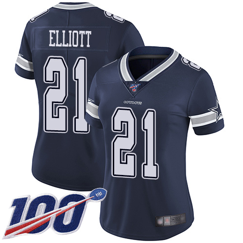 Cowboys #21 Ezekiel Elliott Navy Blue Team Color Women's Stitched 100th Season Vapor Limited Jersey