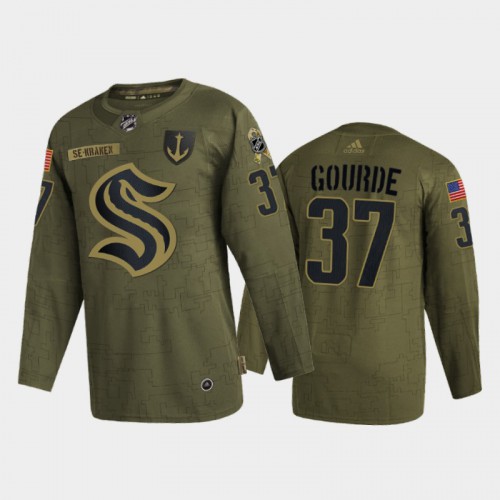 Seattle Seattle Kraken #37 Yanni Gourde Men's Adidas Veterans Day 2022 Military Appreciation Jersey - Olive Men's