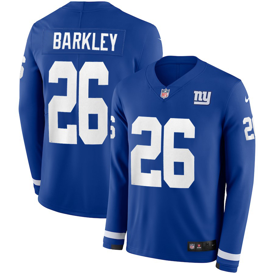 Men's Giants #26 Saquon Barkley Royal Blue Team Color Men's Stitched Limited Therma Long Sleeve Jersey