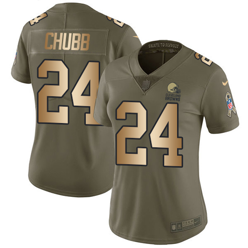 Browns #24 Nick Chubb Olive/Gold Women's Stitched Limited 2017 Salute To Service Jersey