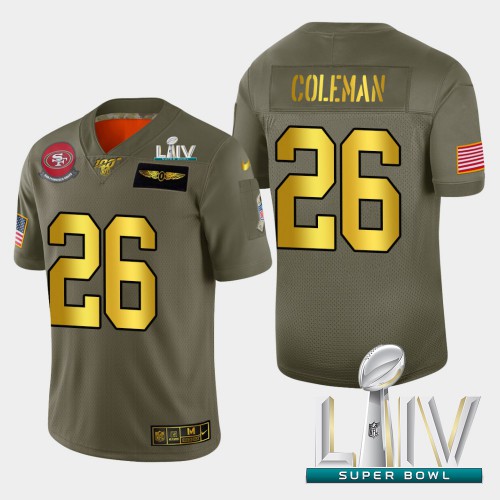 San Francisco 49ers #26 Tevin Coleman Men's Olive Gold Super Bowl LIV 2020 2019 Salute to Service 100 Limited Jersey Men's