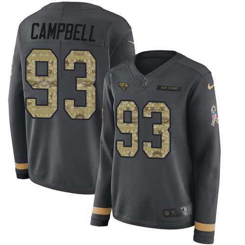 Jacksonville Jaguars #93 Calais Campbell Anthracite Salute to Service Women's Stitched Limited Therma Long Sleeve Jersey Womens