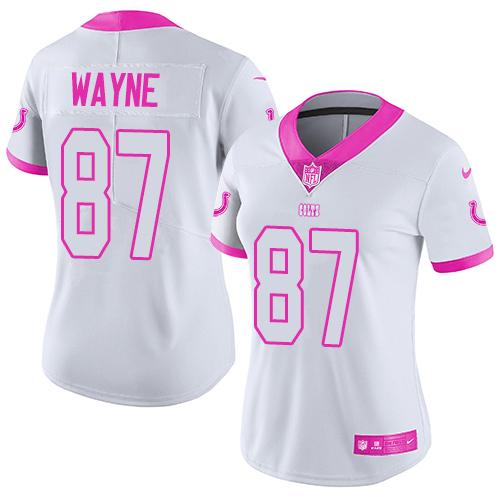 Indianapolis Colts #87 Reggie Wayne White/Pink Women's Stitched Limited Rush Fashion Jersey Womens
