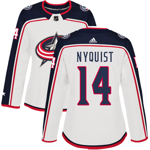 Adidas Columbus Blue Jackets #14 Gustav Nyquist White Road Authentic Women's Stitched Jersey Womens