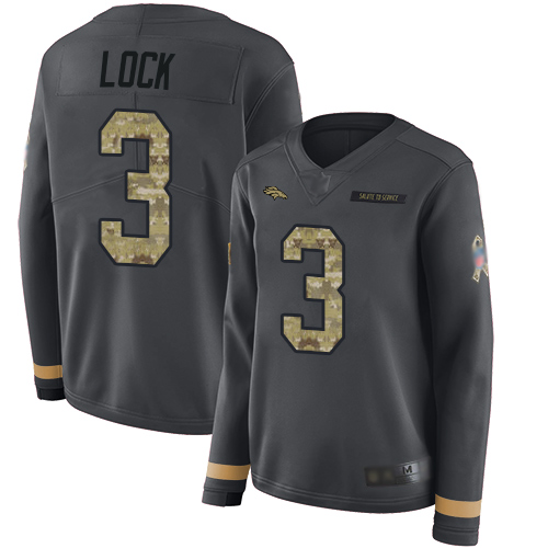 Denver Broncos #3 Drew Lock Anthracite Salute to Service Women's Stitched Limited Therma Long Sleeve Jersey Womens