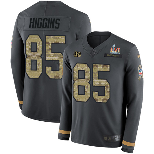 Bengals #85 Tee Higgins Anthracite Super Bowl LVI Patch Salute To Service Youth Stitched Limited Therma Long Sleeve Jersey