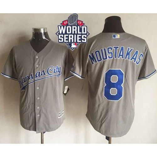 Kansas City Royals #8 Mike Moustakas New Grey Cool Base W/2015 World Series Patch Stitched Jersey Men's