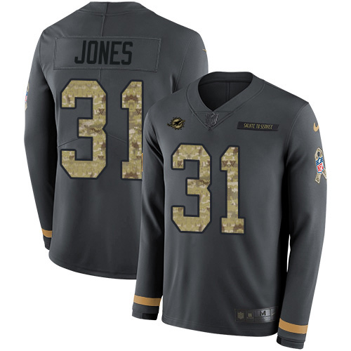 Miami Dolphins #31 Byron Jones Anthracite Salute to Service Men's Stitched Limited Therma Long Sleeve Jersey Men's