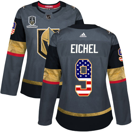 Adidas Golden Knights #9 Jack Eichel Grey 2023 Stanley Cup Champions Home Authentic USA Flag Women's Stitched Jersey